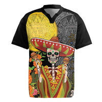 Mexico Dia De Los Muertos Rugby Jersey Sugar Skull Sombrero Aztec Pattern - Wonder Print Shop