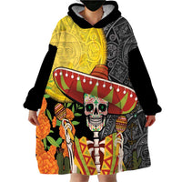 Mexico Dia De Los Muertos Wearable Blanket Hoodie Sugar Skull Sombrero Aztec Pattern - Wonder Print Shop