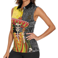 Mexico Dia De Los Muertos Women Sleeveless Polo Shirt Sugar Skull Sombrero Aztec Pattern - Wonder Print Shop