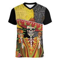 Mexico Dia De Los Muertos Women V-Neck T-Shirt Sugar Skull Sombrero Aztec Pattern - Wonder Print Shop