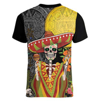 Mexico Dia De Los Muertos Women V-Neck T-Shirt Sugar Skull Sombrero Aztec Pattern - Wonder Print Shop