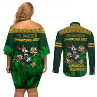 South Africa Rugby Couples Matching Off Shoulder Short Dress and Long Sleeve Button Shirt Go Bokke World Cup Champions History - Wonder Print Shop