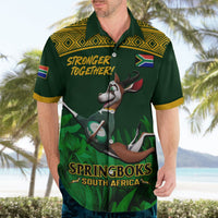 Green South Africa rugby Hawaiian shirt worn, front view with Springboks cartoon and logo
