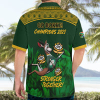 Green South Africa rugby Hawaiian shirt worn, back view with Go Bokke Champions 2023