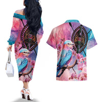 Kenya Lilac-Breasted Roller Couples Matching Off The Shoulder Long Sleeve Dress and Hawaiian Shirt Coat Of Arms Mix Orchid - Wonder Print Shop