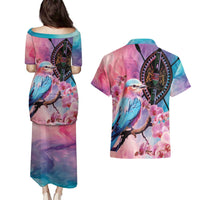 Kenya Lilac-Breasted Roller Couples Matching Puletasi and Hawaiian Shirt Coat Of Arms Mix Orchid - Wonder Print Shop