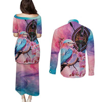 Kenya Lilac-Breasted Roller Couples Matching Puletasi and Long Sleeve Button Shirt Coat Of Arms Mix Orchid - Wonder Print Shop