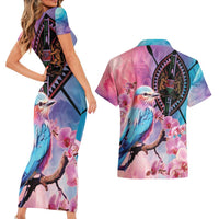 Kenya Lilac-Breasted Roller Couples Matching Short Sleeve Bodycon Dress and Hawaiian Shirt Coat Of Arms Mix Orchid - Wonder Print Shop