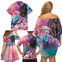 Kenya Lilac-Breasted Roller Family Matching Off Shoulder Short Dress and Hawaiian Shirt Coat Of Arms Mix Orchid - Wonder Print Shop