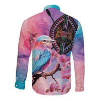 Kenya Lilac-Breasted Roller Long Sleeve Button Shirt Coat Of Arms Mix Orchid - Wonder Print Shop