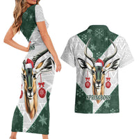South Africa Springboks Christmas Couples Matching Short Sleeve Bodycon Dress and Hawaiian Shirt Bokke Santa - Geseende Kersfees - Wonder Print Shop