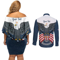 Personalized United States 4th Of July Couples Matching Off Shoulder Short Dress and Long Sleeve Button Shirt 250 Years Of Freedom USA Power Eagle - Wonder Print Shop