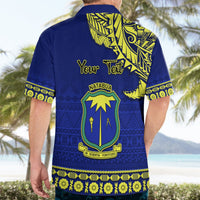 Blue Hawaiian shirt back with yellow tapa pattern, Your Text, crest badge, short sleeves