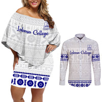 Personalised Fiji Labasa College Couples Matching Off Shoulder Short Dress and Long Sleeve Button Shirt Fijian Tapa Pattern - Wonder Print Shop