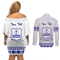 Personalised Fiji Labasa College Couples Matching Off Shoulder Short Dress and Long Sleeve Button Shirt Fijian Tapa Pattern - Wonder Print Shop