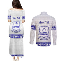 Personalised Fiji Labasa College Couples Matching Puletasi Dress and Long Sleeve Button Shirt Fijian Tapa Pattern - Wonder Print Shop