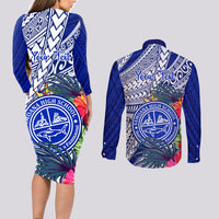 Personalised Samoana High School Couples Matching Long Sleeve Bodycon Dress and Long Sleeve Button Shirt American Samoa Schools Polynesian Tropical Flowers - Wonder Print Shop