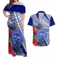 Personalised Samoana High School Couples Matching Off Shoulder Maxi Dress and Hawaiian Shirt American Samoa Schools Polynesian Tropical Flowers - Wonder Print Shop