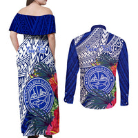 Personalised Samoana High School Couples Matching Off Shoulder Maxi Dress and Long Sleeve Button Shirt American Samoa Schools Polynesian Tropical Flowers - Wonder Print Shop