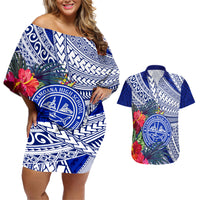 Personalised Samoana High School Couples Matching Off Shoulder Short Dress and Hawaiian Shirt American Samoa Schools Polynesian Tropical Flowers - Wonder Print Shop