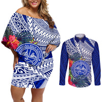 Personalised Samoana High School Couples Matching Off Shoulder Short Dress and Long Sleeve Button Shirt American Samoa Schools Polynesian Tropical Flowers - Wonder Print Shop