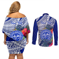 Personalised Samoana High School Couples Matching Off Shoulder Short Dress and Long Sleeve Button Shirt American Samoa Schools Polynesian Tropical Flowers - Wonder Print Shop