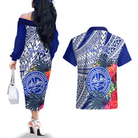 Personalised Samoana High School Couples Matching Off The Shoulder Long Sleeve Dress and Hawaiian Shirt American Samoa Schools Polynesian Tropical Flowers - Wonder Print Shop
