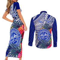 Personalised Samoana High School Couples Matching Short Sleeve Bodycon Dress and Long Sleeve Button Shirt American Samoa Schools Polynesian Tropical Flowers - Wonder Print Shop