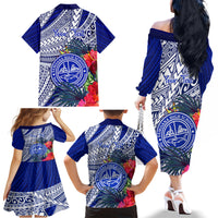 Personalised Samoana High School Family Matching Off Shoulder Long Sleeve Dress and Hawaiian Shirt American Samoa Schools Polynesian Tropical Flowers - Wonder Print Shop