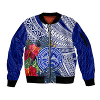 Personalised Samoana High School Sleeve Zip Bomber Jacket American Samoa Schools Polynesian Tropical Flowers - Wonder Print Shop