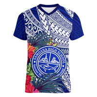 Personalised Samoana High School Women V Neck T Shirt American Samoa Schools Polynesian Tropical Flowers - Wonder Print Shop