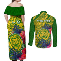 Personalised Leone High School Couples Matching Off Shoulder Maxi Dress and Long Sleeve Button Shirt American Samoa Schools Polynesian Tropical Flowers - Wonder Print Shop