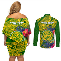 Personalised Leone High School Couples Matching Off Shoulder Short Dress and Long Sleeve Button Shirt American Samoa Schools Polynesian Tropical Flowers - Wonder Print Shop