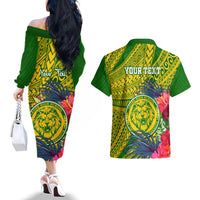 Personalised Leone High School Couples Matching Off The Shoulder Long Sleeve Dress and Hawaiian Shirt American Samoa Schools Polynesian Tropical Flowers - Wonder Print Shop