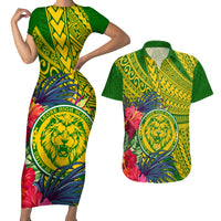 Personalised Leone High School Couples Matching Short Sleeve Bodycon Dress and Hawaiian Shirt American Samoa Schools Polynesian Tropical Flowers - Wonder Print Shop