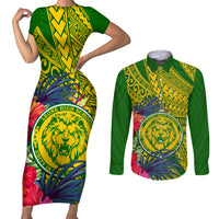 Personalised Leone High School Couples Matching Short Sleeve Bodycon Dress and Long Sleeve Button Shirt American Samoa Schools Polynesian Tropical Flowers - Wonder Print Shop