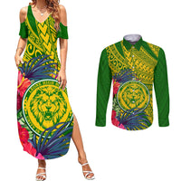 Personalised Leone High School Couples Matching Summer Maxi Dress and Long Sleeve Button Shirt American Samoa Schools Polynesian Tropical Flowers - Wonder Print Shop