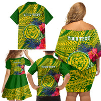 Personalised Leone High School Family Matching Off Shoulder Short Dress and Hawaiian Shirt American Samoa Schools Polynesian Tropical Flowers - Wonder Print Shop