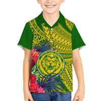 Green short-sleeve Hawaiian shirt for kids, lion crest, tropical flowers and geometric prints