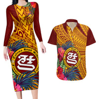 Personalised Tafuna High School Couples Matching Long Sleeve Bodycon Dress and Hawaiian Shirt American Samoa Schools Polynesian Tropical Flowers - Wonder Print Shop