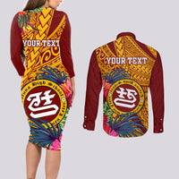 Personalised Tafuna High School Couples Matching Long Sleeve Bodycon Dress and Long Sleeve Button Shirt American Samoa Schools Polynesian Tropical Flowers - Wonder Print Shop