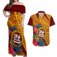 Personalised Tafuna High School Couples Matching Off Shoulder Maxi Dress and Hawaiian Shirt American Samoa Schools Polynesian Tropical Flowers - Wonder Print Shop