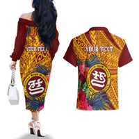 Personalised Tafuna High School Couples Matching Off The Shoulder Long Sleeve Dress and Hawaiian Shirt American Samoa Schools Polynesian Tropical Flowers - Wonder Print Shop
