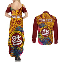 Personalised Tafuna High School Couples Matching Summer Maxi Dress and Long Sleeve Button Shirt American Samoa Schools Polynesian Tropical Flowers - Wonder Print Shop