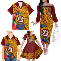 Personalised Tafuna High School Family Matching Off Shoulder Long Sleeve Dress and Hawaiian Shirt American Samoa Schools Polynesian Tropical Flowers - Wonder Print Shop
