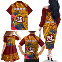 Personalised Tafuna High School Family Matching Off Shoulder Long Sleeve Dress and Hawaiian Shirt American Samoa Schools Polynesian Tropical Flowers - Wonder Print Shop