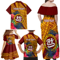 Personalised Tafuna High School Family Matching Off Shoulder Maxi Dress and Hawaiian Shirt American Samoa Schools Polynesian Tropical Flowers - Wonder Print Shop