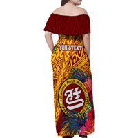 Personalised Tafuna High School Family Matching Off Shoulder Maxi Dress and Hawaiian Shirt American Samoa Schools Polynesian Tropical Flowers - Wonder Print Shop