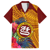 Maroon short-sleeve Hawaiian shirt with floral print and school crest on front