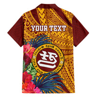 Maroon Hawaiian shirt with yellow tribal pattern, floral print, crest and 'YOUR TEXT'